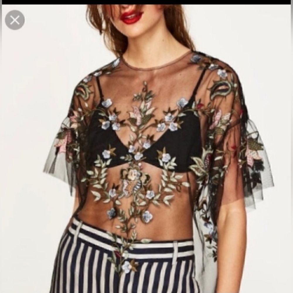Zara Woman Black Floral Embroidered Tulle Blouse Womens Size Medium - Picture 5 of 12